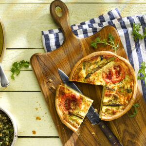 Cheddar, broccoli and asaparagus quiche