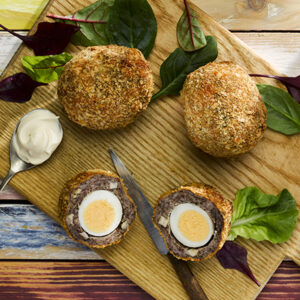 Pork, black pudding and apply scotch eggs